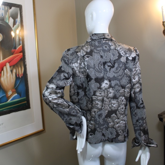 Armani Collezioni Black & Ivory Floral Print Jacket Sikk Linned– Size 8 - Picture 13 of 16